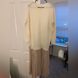 Cream dress: Long Sleeve Top with Pleated Tan bottom